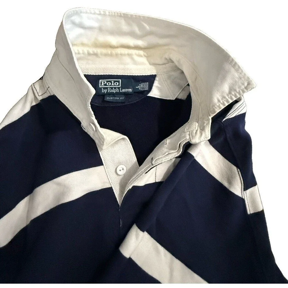 Polo Ralph Lauren Men’s Rugby Shirt L Blue White Striped Custom Fit Vtg